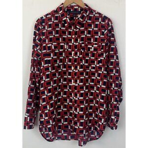 TOMMY HILFIGER Geometric Roll Tab Sleeve Button Front Blouse Shirt Women's Small